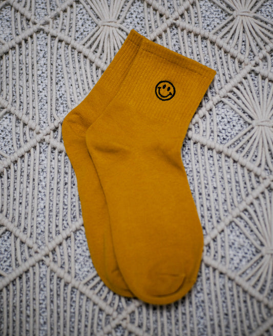 Embroidered Smiley Socks in Mustard Yellow